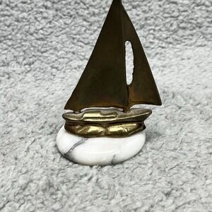 Brass Sailboat Sculpture on Polished Stone Base Vintage Ocean Nautical Clipper